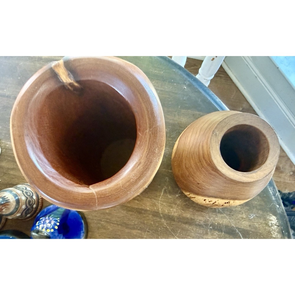 Vintage Hand Turned Solid Wood Decorative Vase Set 2 Rustic Artisa - Picture 4 of 9